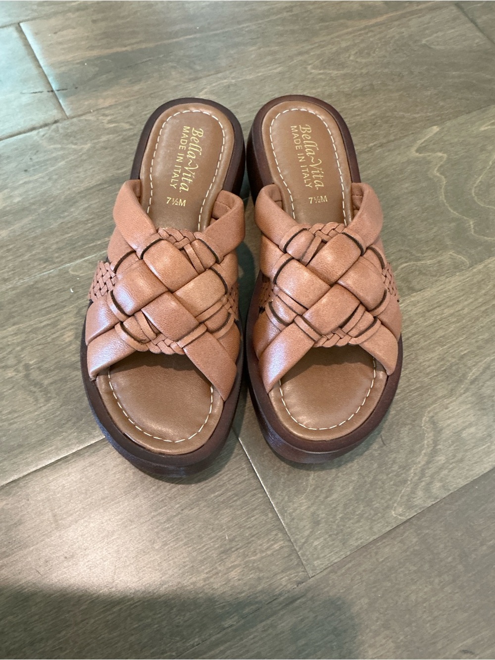 Bella Vita Italy Leather Platform Slide Sandals Woven Brown 7.5 M